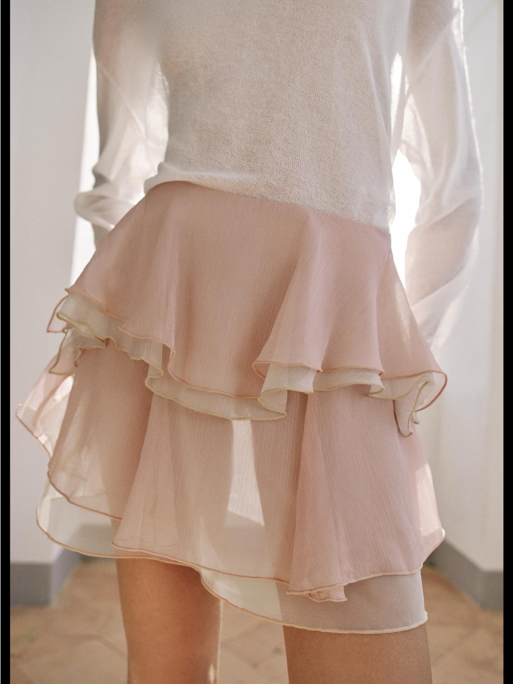 Zara Layered Ruffle Mini Skirt in Blush Pink